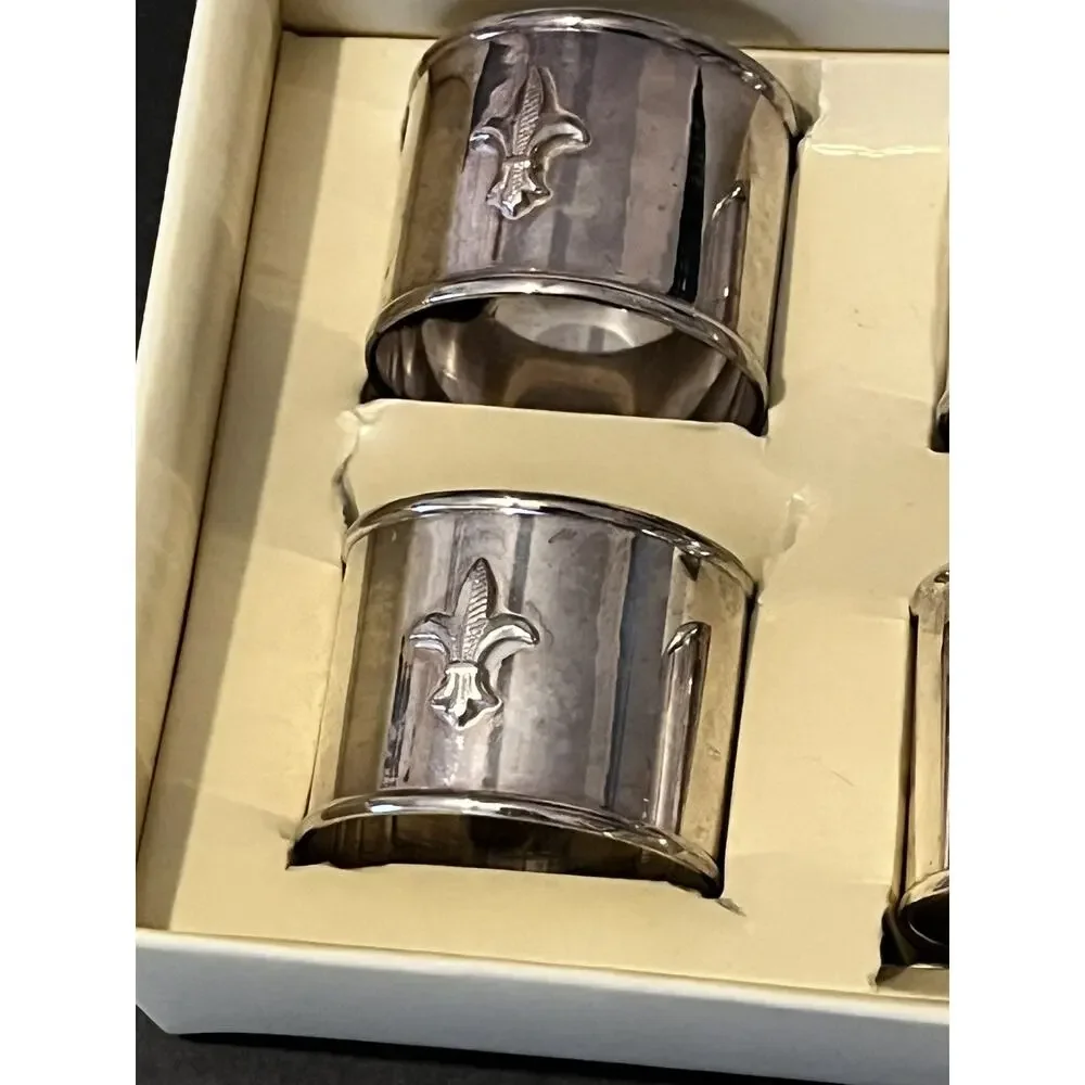 Pottery Barn Hotel Napkin Rings Set of 4 Fleur De Lis Silver Dinnerware